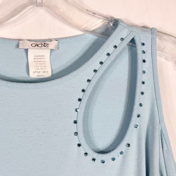 Cache‎ Small Top Knit Light Baby Blue Rhinestones Cut Out Cold Shoulder Y2K 1348 - Picture 8 of 10